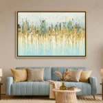 Tableau abstrait bleu et or représentant un horizon contemporain avec des formes géométriques texturées, idéal pour une décoration murale moderne et haut de gamme.