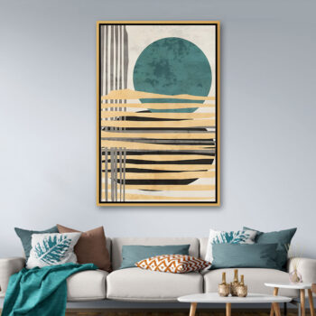 Tableau abstrait géométrique minimaliste bleu pétrole, noir et beige doré, art mural contemporain pour décoration murale moderne
