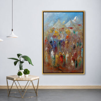 Tableau abstrait représentant un moussem marocain traditionnel avec des khaïmas blanches, une foule en tenues traditionnelles et une ambiance festive aux couleurs chaleureuses.