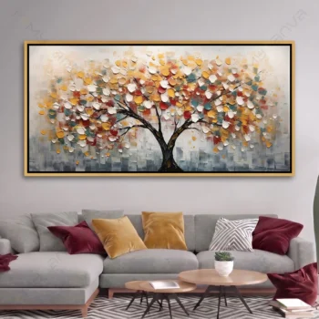 Tableau arbre abstrait en relief multicolore avec feuilles texturées blanches, dorées et terracotta pour décoration murale moderne haut de gamme