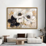 Tableau décoratif peinture abstraite montrant deux grandes fleurs blanches et une fleur noire avec des touches dorées sur fond beige texturé.