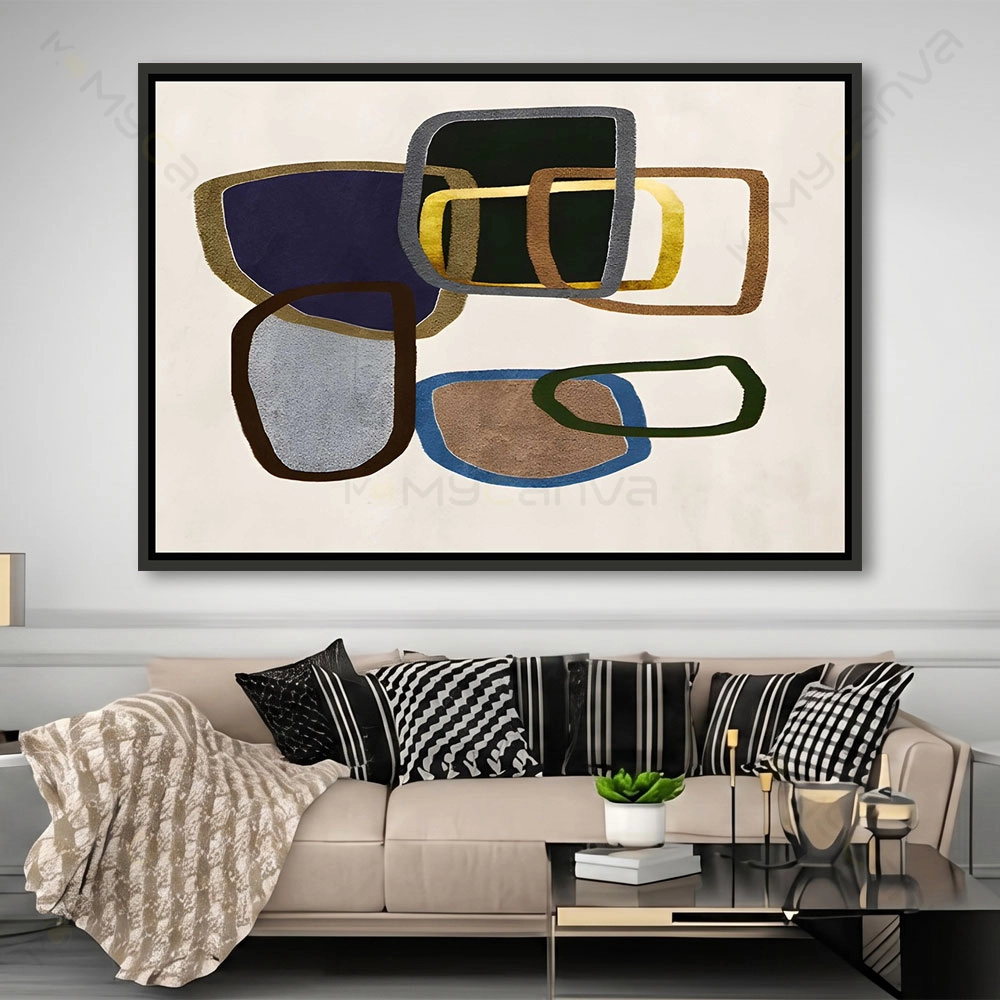 artiab006-S-N Tableau abstrait géométrique moderne avec formes arrondies bleues noires et or pour décoration murale.