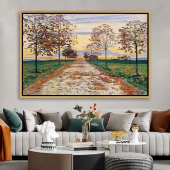 Tableau paysage impressionniste vert ocre et bleu style élégant pour décoration murale contemporaine