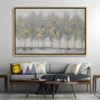 Tableau abstrait contemporain gris argent et or, style moderne pour décoration murale élégante