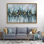 Tableau abstrait moderne bleu gris et or pour décoration murale contemporaine haut de gamme