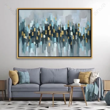 Tableau abstrait moderne bleu gris et or pour décoration murale contemporaine haut de gamme