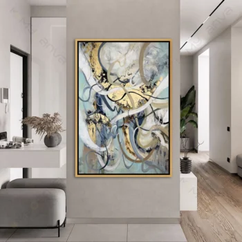 Tableau abstrait contemporain bleu beige et or pour décoration murale moderne haut de gamme