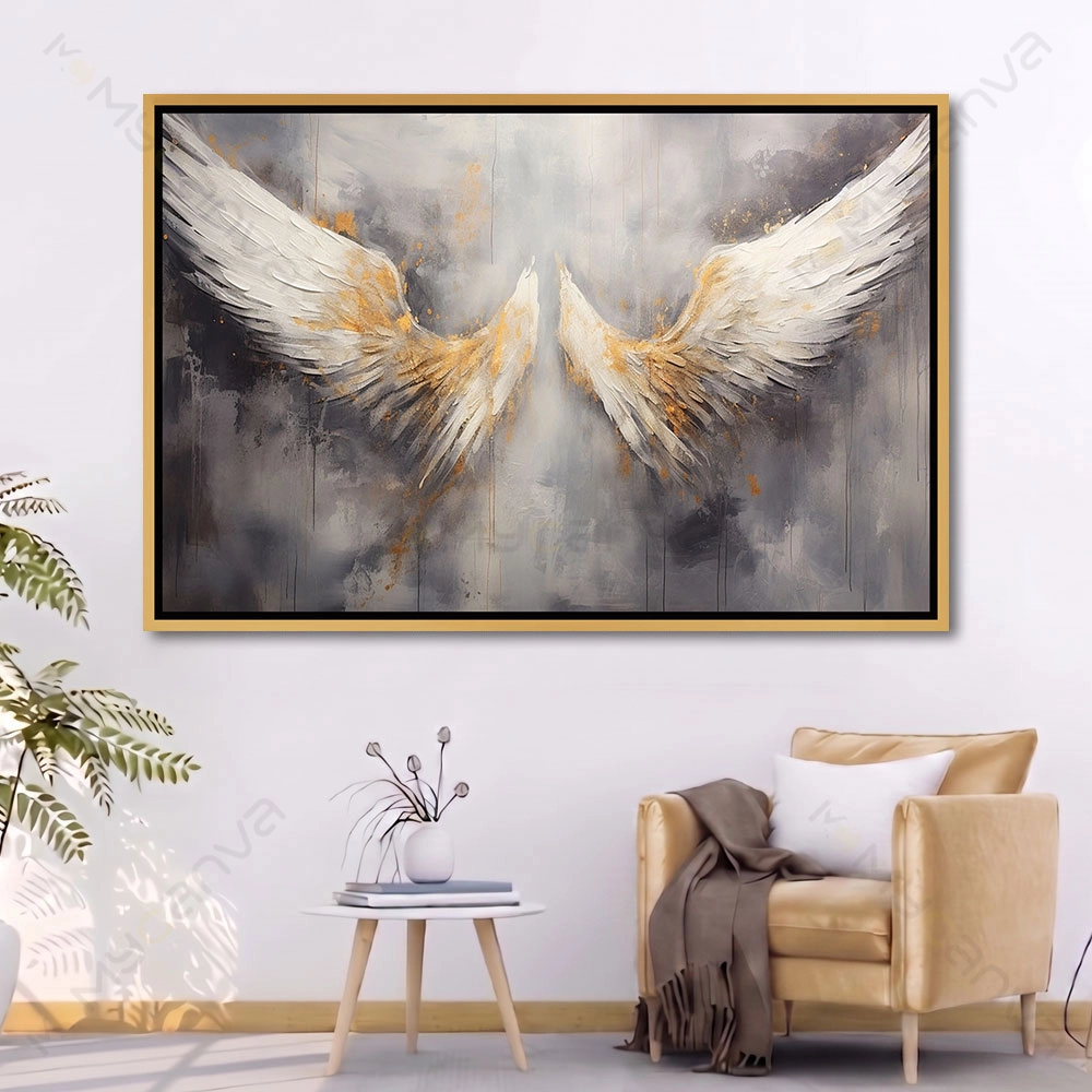 artiab019-S-G Tableau ailes dorées contemporain blanc gris doré style luxe pour décoration murale élégante