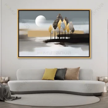Tableau arbre abstrait avec feuilles or et argent sous lune grise pour décoration murale élégante.