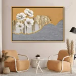 Tableau floral contemporain avec fleurs blanches sur fond gris et or pour usage mural chic.