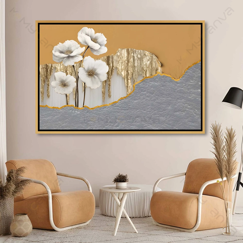 artiab022-S-G Tableau floral contemporain avec fleurs blanches sur fond gris et or pour usage mural chic.