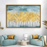 Tableau arbre abstrait avec feuillage or texturé sur fond bleu pour décoration murale.