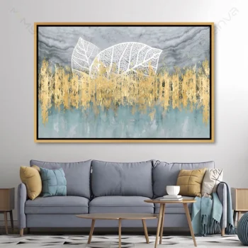 Tableau feuilles abstrait avec feuilles blanches sur fond gris marbre et or pour décoration murale.