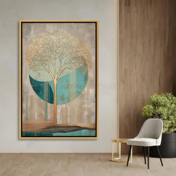 Tableau arbre abstrait avec branches dorées sur fond turquoise et gris pour décoration murale.