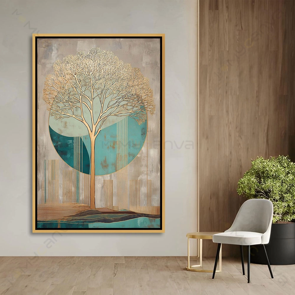 artiab025-S-G Tableau arbre abstrait avec branches dorées sur fond turquoise et gris pour décoration murale.