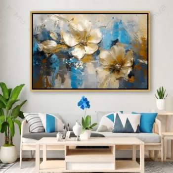 Tableau abstrait coloré avec touches dorées et bleues pour décoration murale moderne.