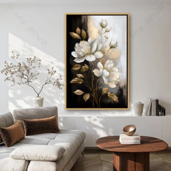 Tableau abstrait coloré avec touches dorées et bleues pour décoration murale moderne.