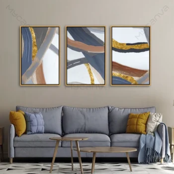 Tableau abstrait moderne bleu gris et doré style contemporain pour décoration murale haut de gamme