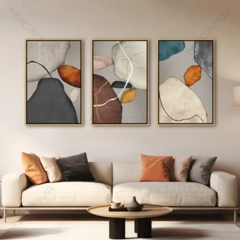 Triptyque abstrait moderne aux teintes beige, brun, bleu pétrole et gris, style contemporain pour décoration murale haut de gamme