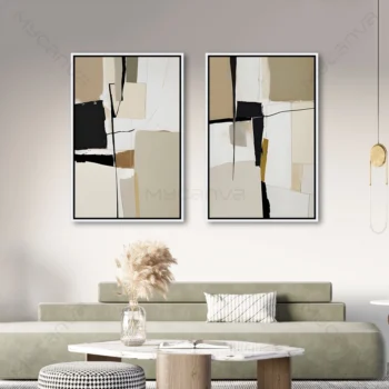 Diptyque abstrait moderne beige noir et ivoire avec formes géométriques minimalistes pour décoration murale contemporaine haut de gamme