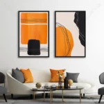 Diptyque abstrait orange moderne noir et blanc au design minimaliste pour décoration murale contemporaine haut de gamme