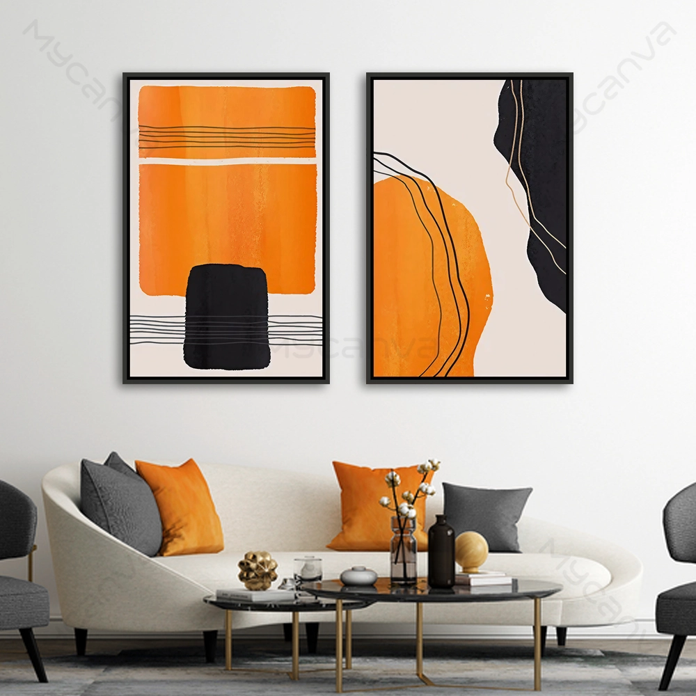 artiab088-S-N Diptyque abstrait orange moderne noir et blanc au design minimaliste pour décoration murale contemporaine haut de gamme