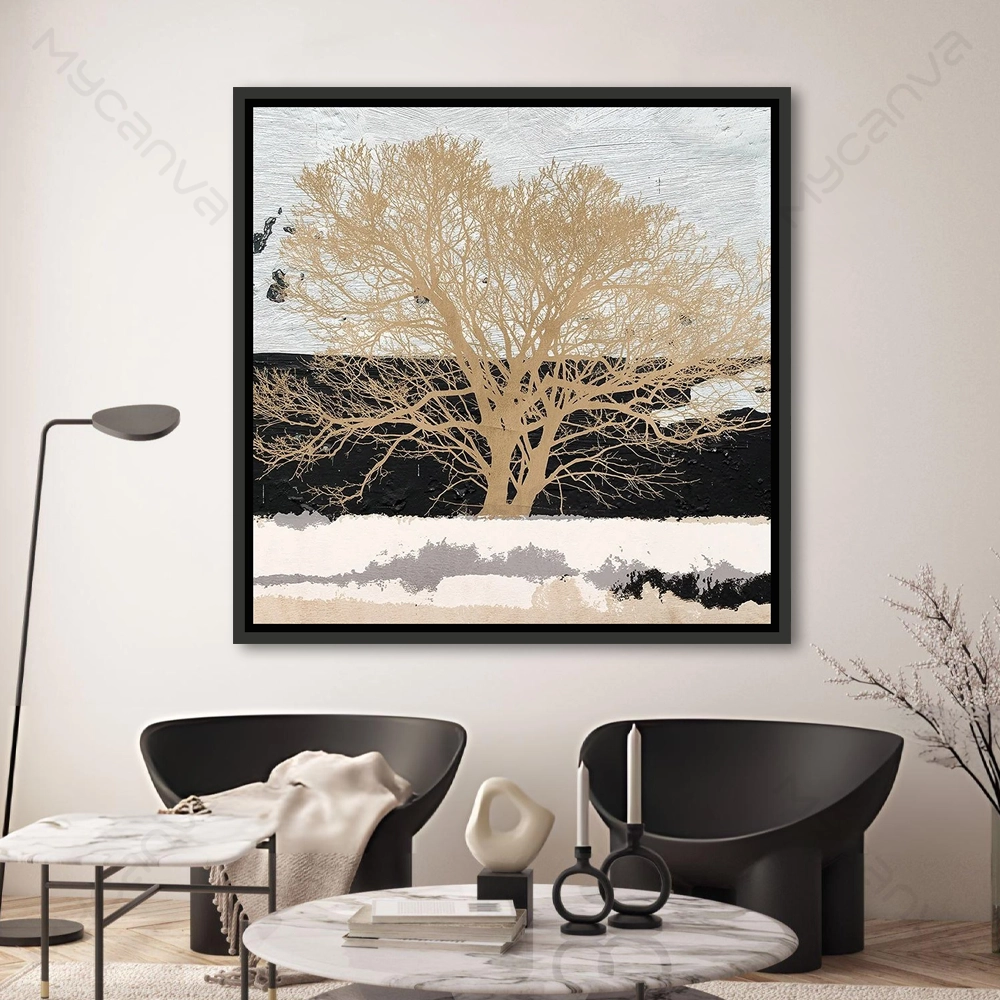 artiab090-S-N Tableau arbre abstrait beige noir avec fond texturé blanc et style contemporain pour décoration murale moderne haut de gamme