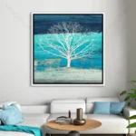 Tableau arbre abstrait bleu turquoise avec arbre blanc, style contemporain et décoration murale moderne haut de gamme