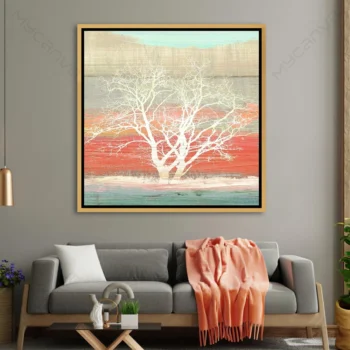 Tableau arbre abstrait corail moderne avec arbre blanc, fond corail turquoise et beige pour décoration murale contemporaine haut de gamme