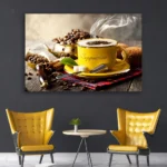Tableau café moderne avec cafetière rouge et grains, idéal pour décoration murale de cuisine.