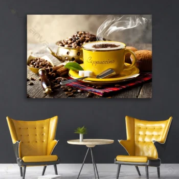 Tableau café moderne avec cafetière rouge et grains, idéal pour décoration murale de cuisine.