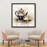 Tableau théière artistique moderne noir, beige et brun style aquarelle contemporain pour décoration murale élégante de cuisine ou salon