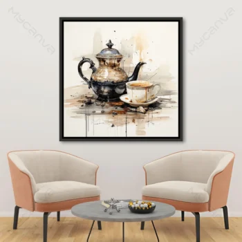 Tableau théière artistique moderne noir, beige et brun style aquarelle contemporain pour décoration murale élégante de cuisine ou salon