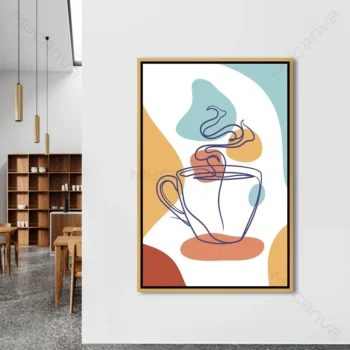 Tableau tasse café minimaliste aux couleurs terracotta, bleu pastel et jaune moutarde, style line art contemporain pour décoration murale moderne