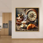 Tableau café vintage gourmand avec tasse fumante, moulin à café ancien, croissant doré et horloge rétro dans des tons brun, cuivre et beige pour décoration murale élégante