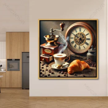 Tableau café vintage gourmand avec tasse fumante, moulin à café ancien, croissant doré et horloge rétro dans des tons brun, cuivre et beige pour décoration murale élégante