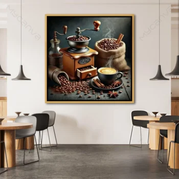 Tableau moulin à café vintage avec grains de café, tasse fumante et moulin traditionnel dans des tons brun, noir et bois pour décoration murale élégante