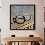 Tableau tasse de thé aux couleurs beige, brun et crème, style aquarelle vintage, décoration murale élégante pour cuisine, salle à manger et coin café.