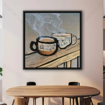 Tableau tasse de thé aux couleurs beige, brun et crème, style aquarelle vintage, décoration murale élégante pour cuisine, salle à manger et coin café.