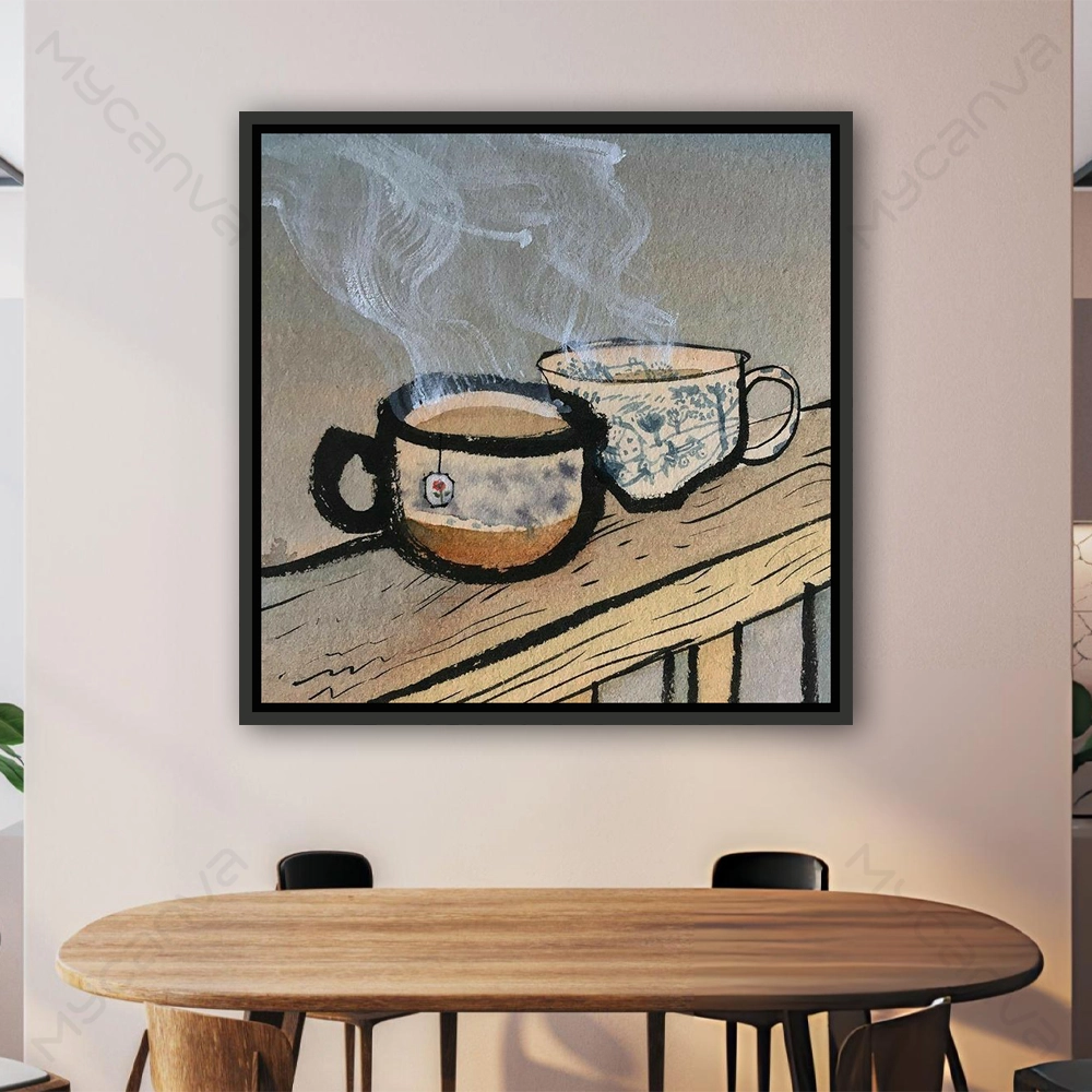 caf009-S-N Tableau tasse de thé aux couleurs beige, brun et crème, style aquarelle vintage, décoration murale élégante pour cuisine, salle à manger et coin café.