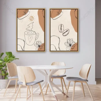 Tableau boho minimaliste tons beige et terracotta avec motif café pour décoration murale de cuisine élégante.