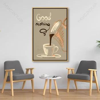 Tableau café minimaliste aux tons beige et marron idéal pour décoration murale.