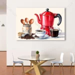 Tableau café moderne avec cafetière rouge et grains, idéal pour décoration murale de cuisine.