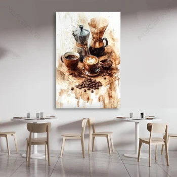 Tableau café abstrait aquarelle tons marron et beige pour décoration murale cuisine.