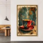 Tableau café contemporain avec tasse rouge vibrante et fond abstrait pour décoration murale.