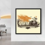 Tableau café vintage illustrant un train cafetière et tasses pour décoration murale.
