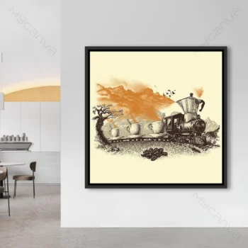 Tableau café vintage illustrant un train cafetière et tasses pour décoration murale.
