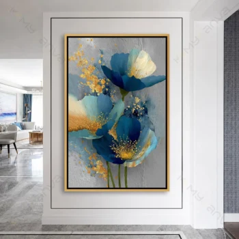 Tableau fleurs bleues dorées fleurs modernes bleu et or pour décoration murale élégante