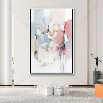 Tableau abstrait rose poudré aux tons blanc, beige et gris, style contemporain pour décoration murale élégante