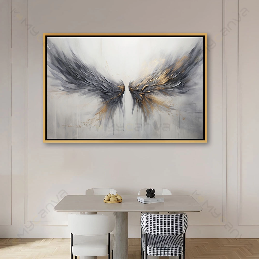 artiab032-S-G Tableau ailes angéliques avec éclats dorés sur fond gris abstrait pour décoration murale chic.